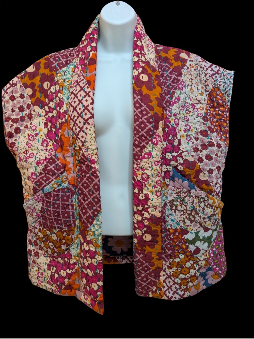 Ivy Jane Quilted Patchwork Vest in Maroon, Pink, Orange, Cream